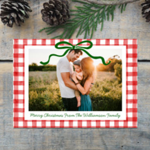 Grönt Whimsique Bow Red Gingham Skriv ut jul Julkort