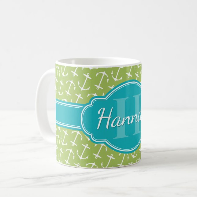 Grönt White Anchor Mönster Teal Monogram Kaffemugg (Framsida vänster)