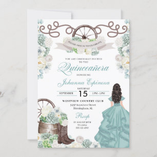 Grönt White Cacti Western Boots Charra Quinceañera Inbjudningar