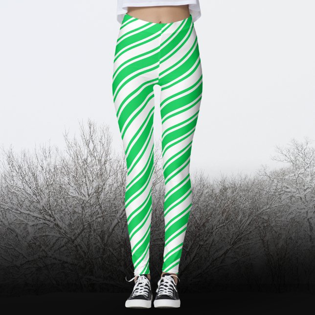Grönt White Candy cane Diagonal Rand jul Leggings (Skapare uppladdad)