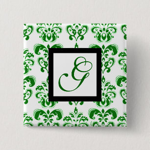 GRÖNT WHITE DAMASK BLACK SQUARE MONOGRAM KNAPP