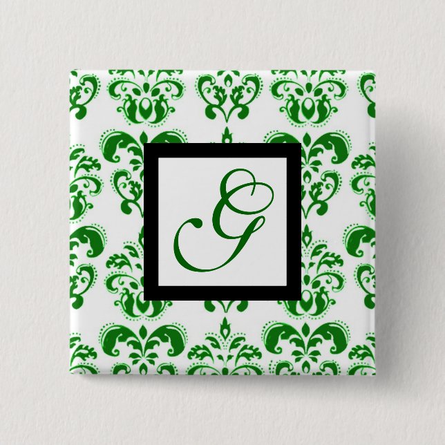 GRÖNT WHITE DAMASK BLACK SQUARE MONOGRAM KNAPP (Framsida)