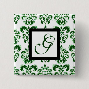 GRÖNT WHITE DAMASK BLACK SQUARE MONOGRAM KNAPP