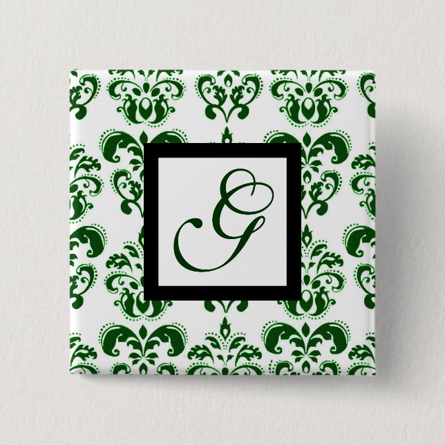 GRÖNT WHITE DAMASK BLACK SQUARE MONOGRAM KNAPP (Framsida)