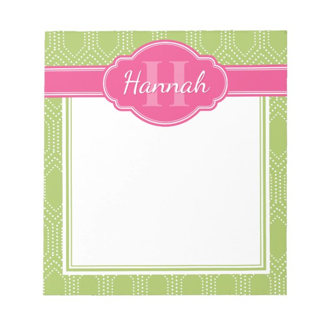 Grönt White Diamond Dot Mönster Rosa Monogram Anteckningsblock (Framsida)
