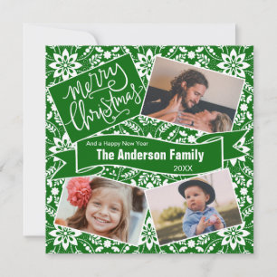 Grönt White Folk Blommigt Helgdag Mönster Julkort