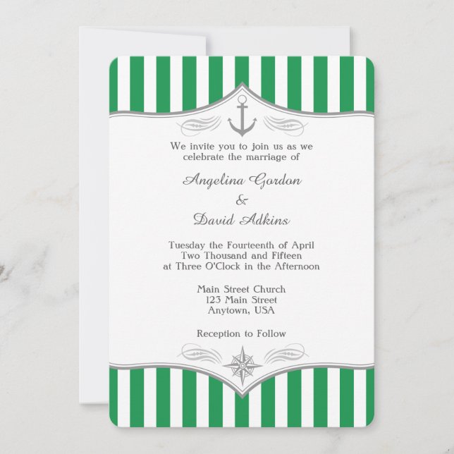 Grönt White Grått Nautical Wedding bjudande Inbjudningar (Framsida)