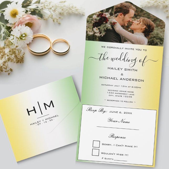 Grönt White & Guld Jamaica Modern Photo Bröllop (Green White & Gold Jamaica Modern Photo Wedding All In One Invitation)