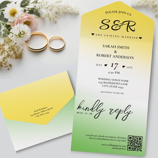 Grönt White & Guld Jamaica Ombre QR Code Bröllop (Green White & Gold Jamaica Ombre QR Code Wedding All In One Invitation)