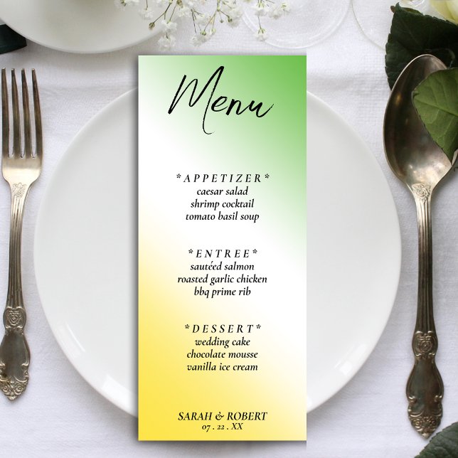 Grönt White & Guld Jamaican Diagonal Ombre Bröllop Meny (Green White & Gold Jamaican Diagonal Ombre Wedding Menu)