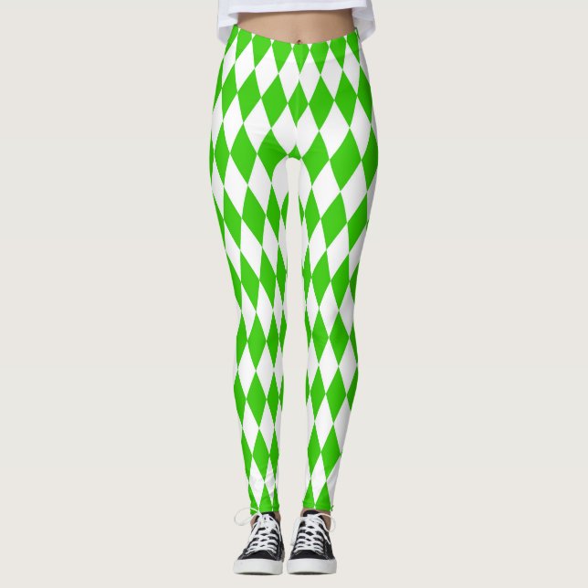 Grönt White Harlequin Diamonds Checkerss Design Leggings (Framsida)