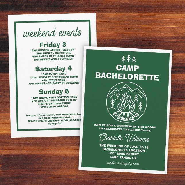 Grönt White Helg Camp Bachelorette Inbjudningar (Green White Weekend Camp Bachelorette Invitation
)