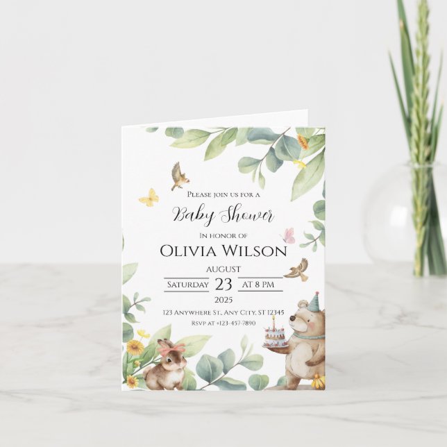 Grönt White Illustrated Birds Baby Shower Invati Inbjudan (Framsida)