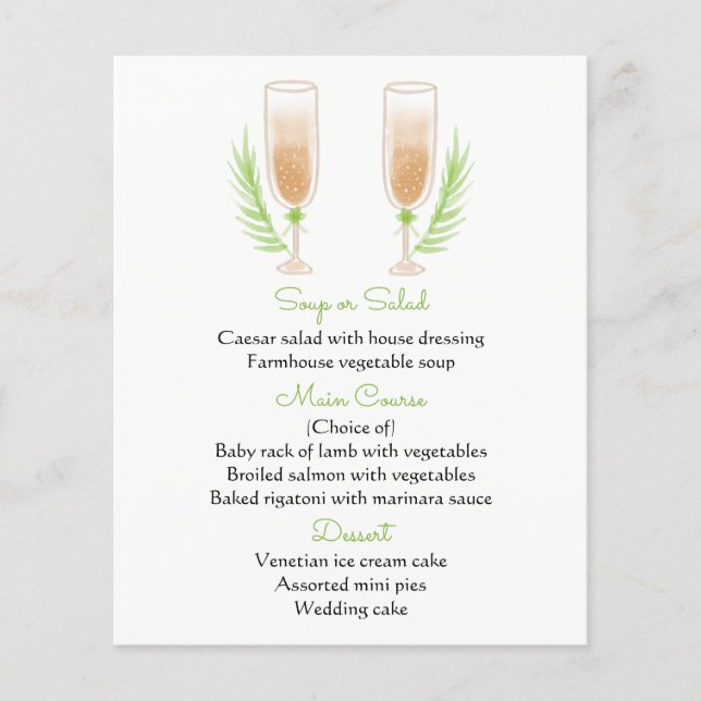 Grönt & White Menu Watercolor Champagne Glass (Framsida)