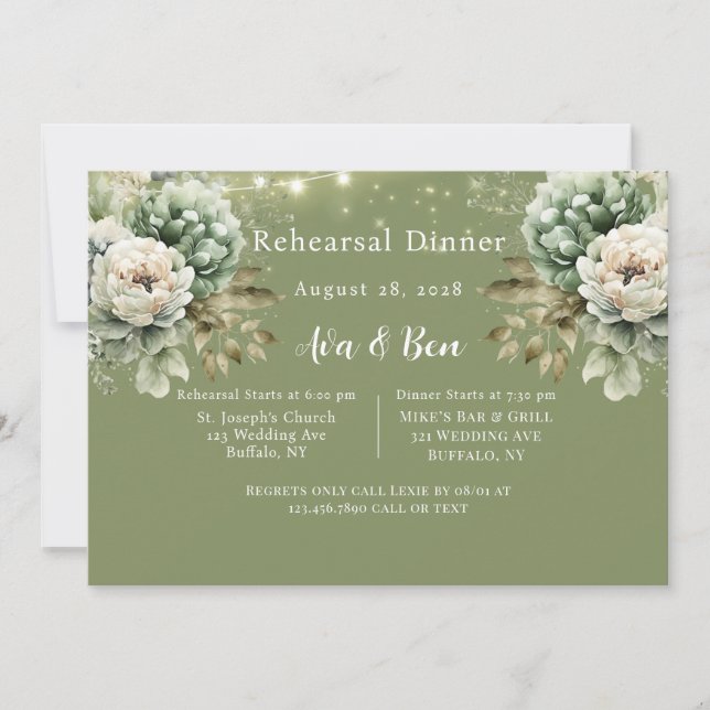Grönt White Peony Light Lägg till bild Rehearsal D Inbjudningar (Framsida)
