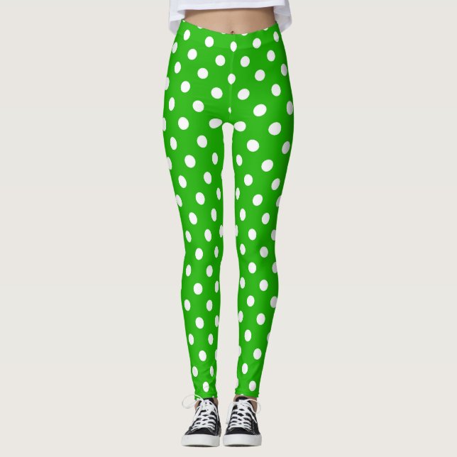 Grönt White Polka dots Design Leggings (Framsida)