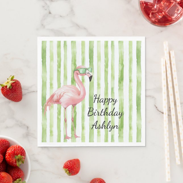 Grönt White Rand Rosa Flamingo Birthday Pappersservett (Insitu)