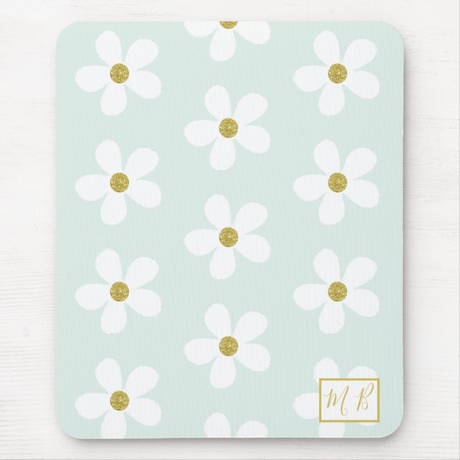 Grönt White Simple Daisy Guld Monogram Musmatta (Framsidan)
