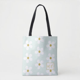 Grönt White Simple Daisy Guld Monogram Tygkasse