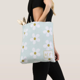Grönt White Simple Daisy Guld Monogram Tygkasse