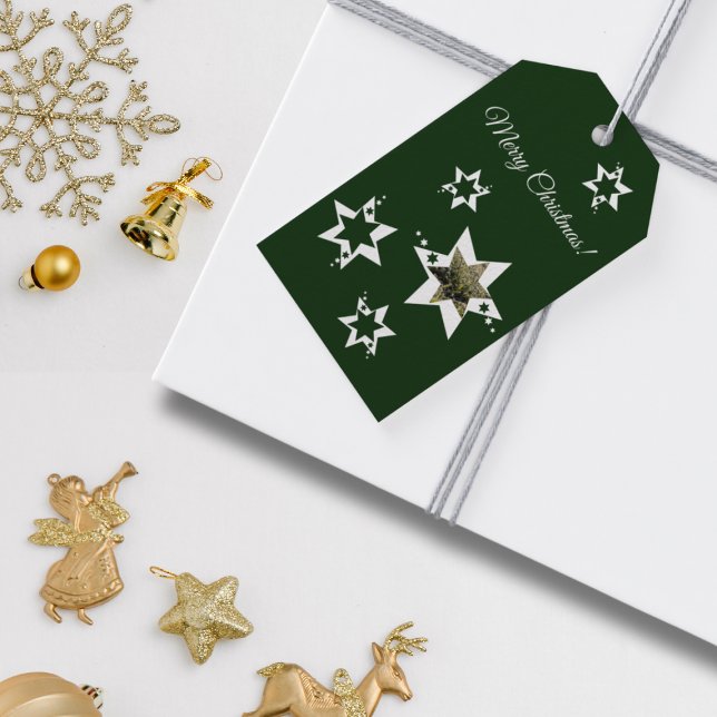 Grönt & White Stars God jul Anpassningsbar Photo Presentetikett (Green & White Stars Merry Christmas Custom Photo Gift Tags)