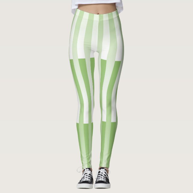 Grönt White Stripe Mönster Leggings (Framsida)