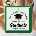 Grönt White Student 2025 Personlig jul Julgransprydnad Keramik<br><div class="desc">Denna moderna grönt och vita anpassningsbar,  student,  julprydnad,  har klassvis typografi av universiteten eller college namn för 2025-klassen. Anpassa med ditt graderingsår bredvid handskrivet skript för chic och svart graderingshölje för en gåva med grattisar för underbar personlig studenten.</div>