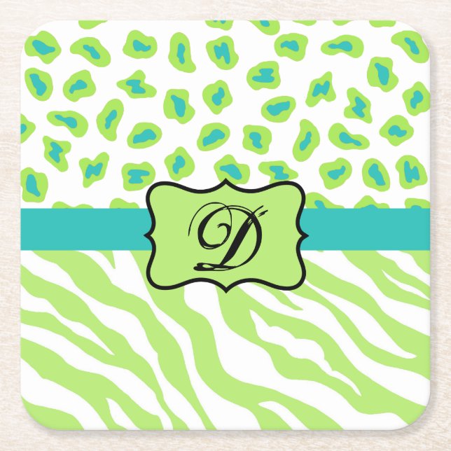 Grönt White Zebra Leopard Skin Monogram Initial Underlägg Papper Kvadrat (Framsidan)