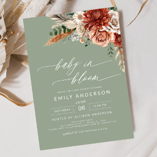 Grönt Wildblomma Baby i Bloom Autumn Baby Shower Inbjudningar