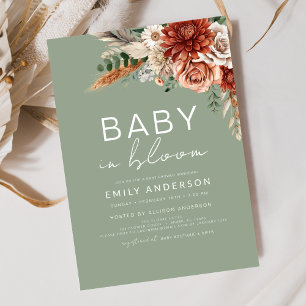 Grönt Wildblomma Baby i Bloom Autumn Baby Shower Inbjudningar