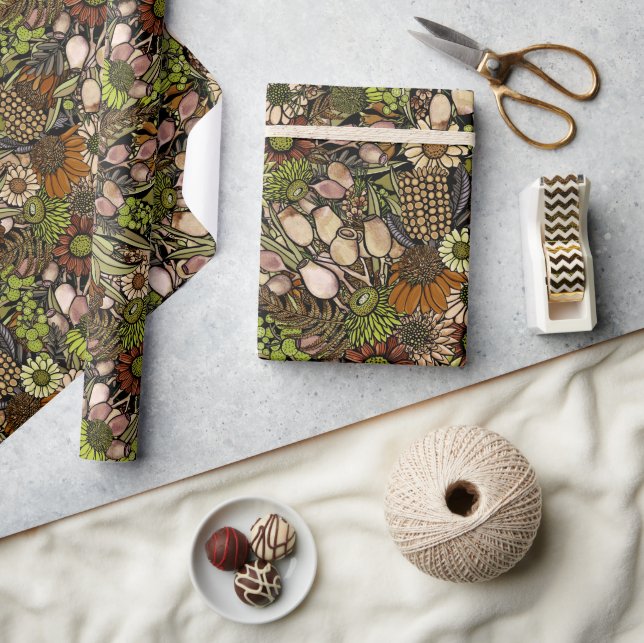 Grönt Wildblomma Garden Mönster Wrapping Papper Presentpapper (Hantverk)