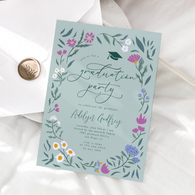 Grönt Wildblommor Studentfest Inbjudningar (Skapare uppladdad)