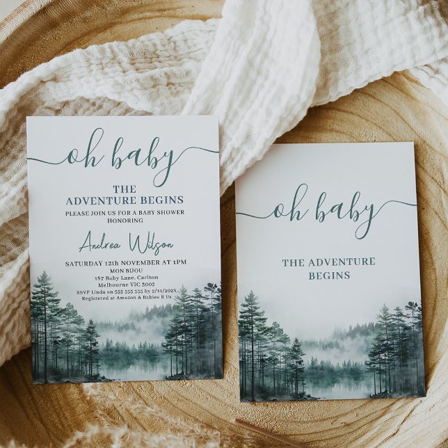 Grönt Wilderness Låt Äventyr börja med babyskor Inbjudningar (Green gender neutral wilderness baby shower invitation, The adventure begins baby shower invitation)