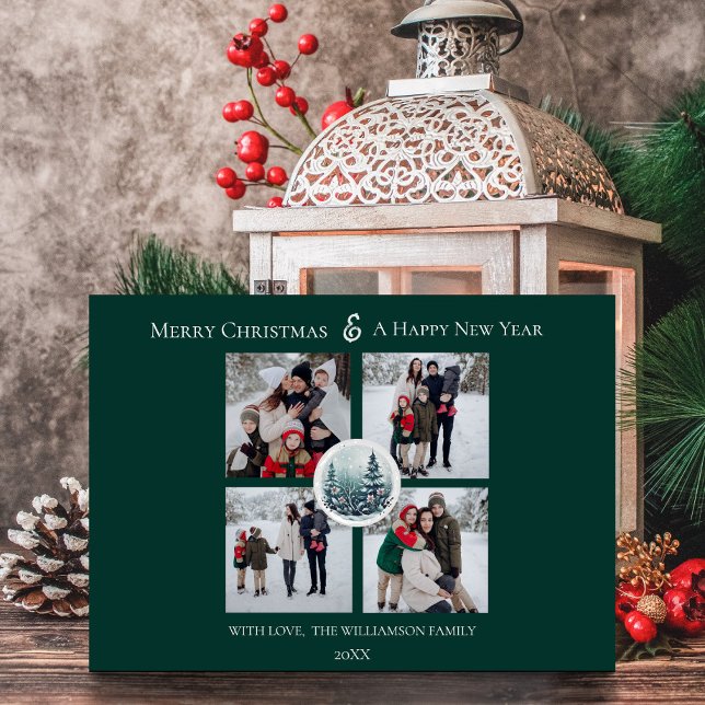 Grönt Winter Forest Blommigt Photo Collage Julkort (Green Winter Forest Floral Photo Collage Holiday Card)