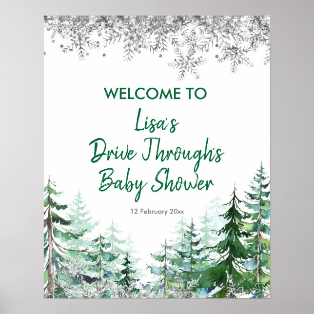 Grönt Winter Forest Drive by Baby Shower Poster (Framsidan)