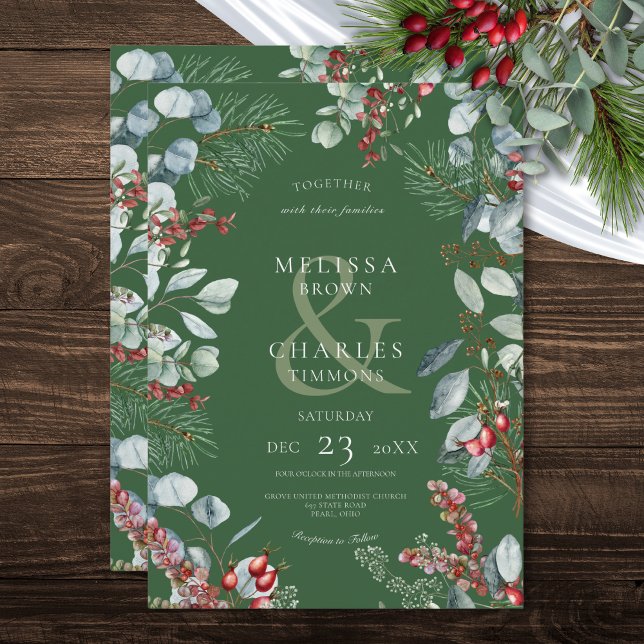 Grönt Winter Gräs Berries Eucalyptus Bröllop Inbjudningar (Green Winter Pine Berries Eucalyptus Wedding Invitation)