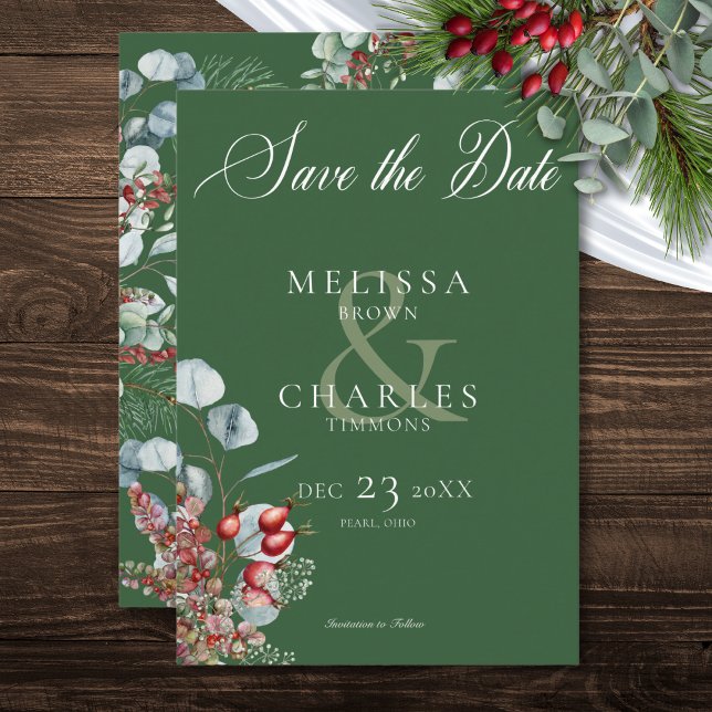 Grönt Winter Gräs Berries Eucalyptus Bröllop Spara Datumet (Green Winter Pine Berries Eucalyptus Wedding Save The Date)