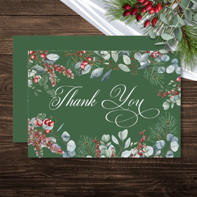 Grönt Winter Gräs Berries Eucalyptus Bröllop Tack Kort (Green Winter Pine Berries Eucalyptus Wedding Thank You Card)