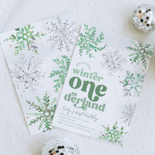 Grönt Winter Onederland Birthday-inbjudan Inbjudningar