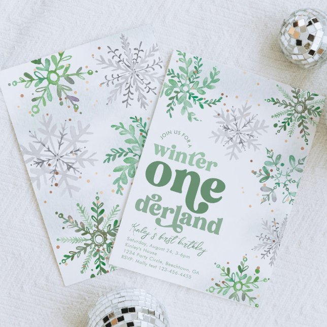 Grönt Winter Onederland Birthday-inbjudan Inbjudningar (Skapare uppladdad)
