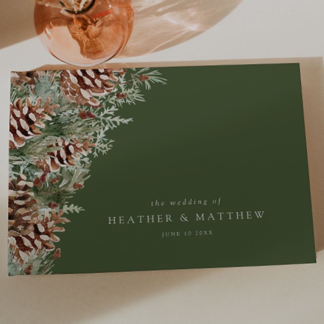 Grönt Winter Wedding Gästböcker (Green Seasonal Watercolor Pinecone Evergreen Wedding Guest Book by Painted Paperie
)