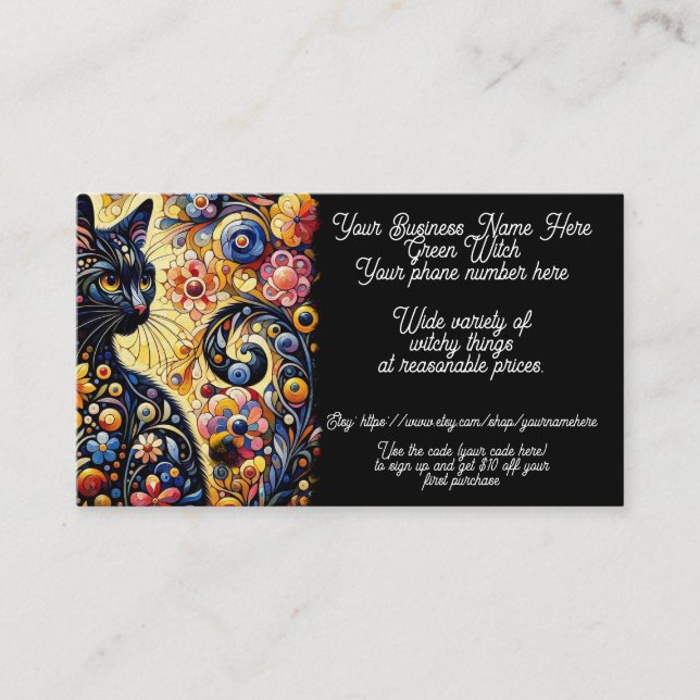 Grönt Witch Black Cat Witchy Shop Sales Etsy Visitkort (Framsida)