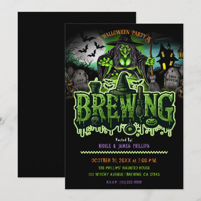 Grönt Witch Graveyard Brewing Halloween fest Inbjudningar (Fram/baksida)