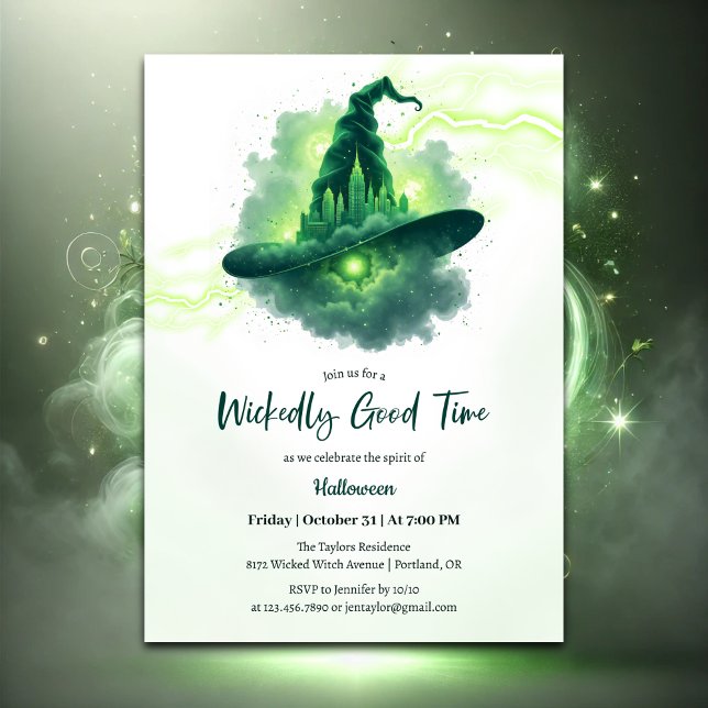 Grönt Witch Hat Magic Fantasy Halloween Inbjudningar (Wickedly Good Time Halloween Party Invitation – Glowing Green Witch Hat)