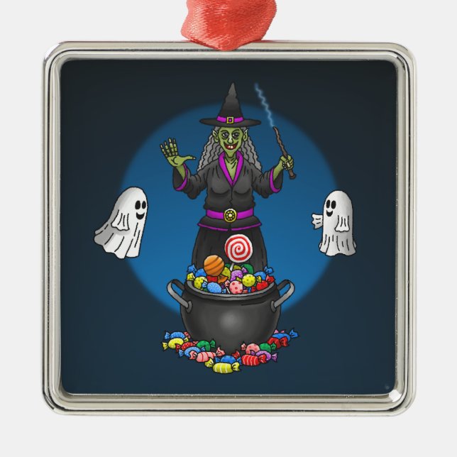 Grönt Witch och Spöken Halloween Bus eller godis Julgransprydnad Metall (Framsidan)