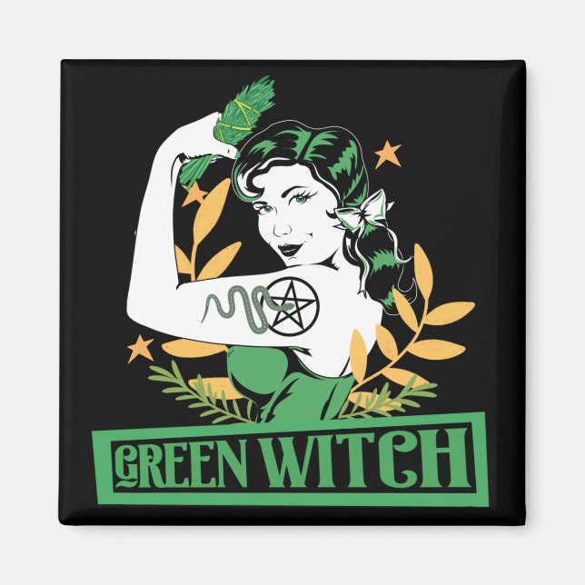 Grönt Witch Söt Pin Up Tattoed Muscle Woman Magnet (Framsidan)