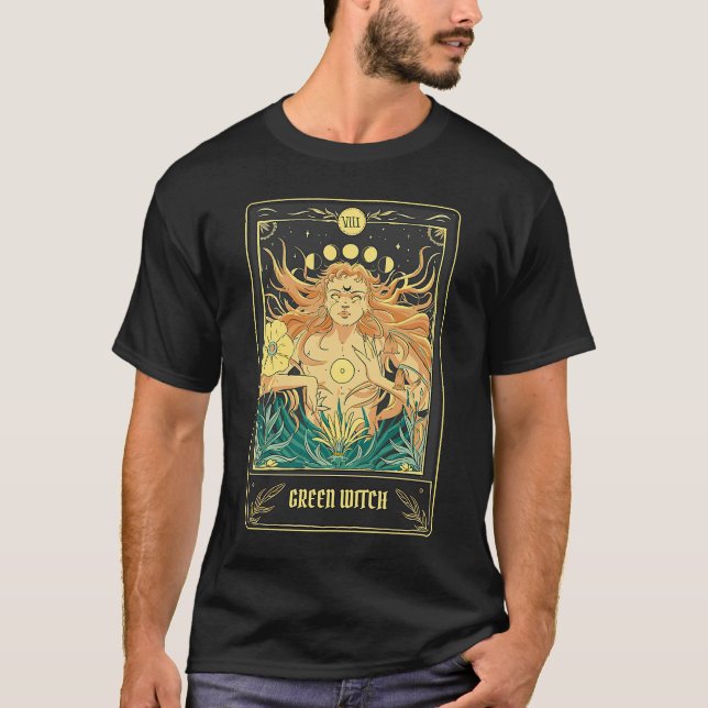 Grönt Witch Tarot Card Pagan Wicca Wiccan Retro VI T Shirt (Framsida)