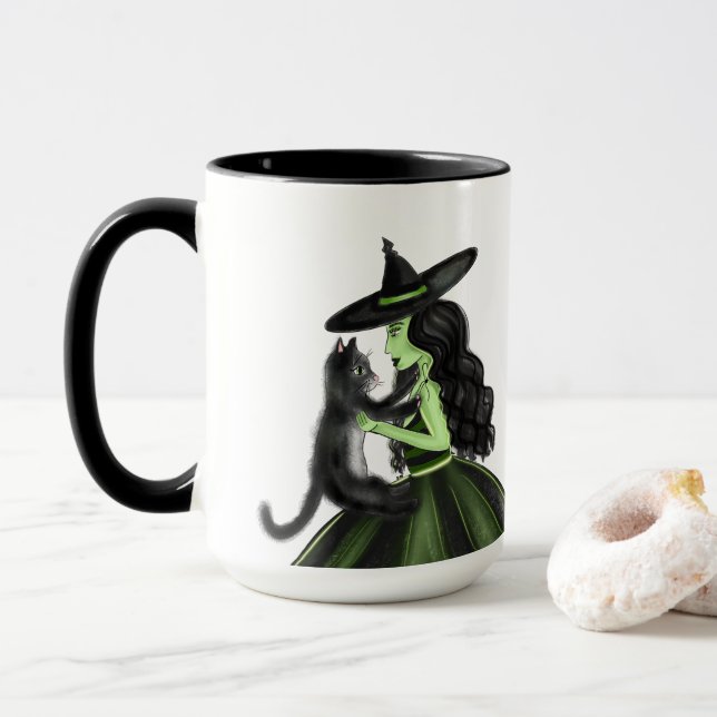 Grönt Witch with Black Cat Illustration Mugg (Med munk)