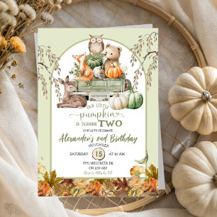 Grönt Woodland Animals Little Pumpkin Birthday Inbjudningar