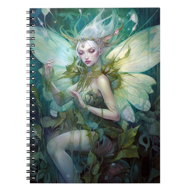 Grönt Woodland Fairy Fantasy Art Anteckningsbok (Framsidan)